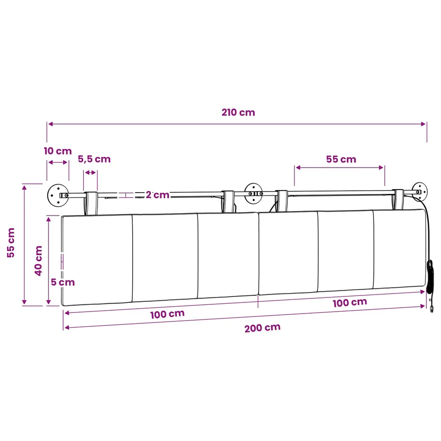 Tête de lit suspendue Avec lumière LED Gris clair Tissu - 13