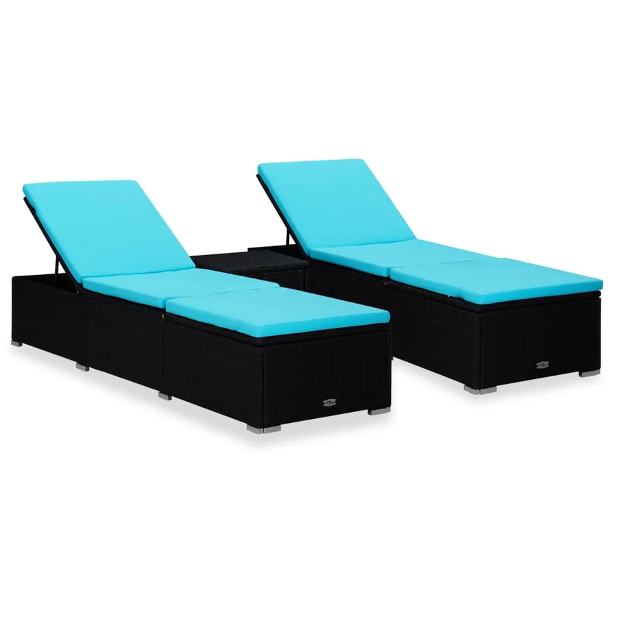 Chaises longues de jardin table à thé 3 pcs Résine tressée Noir - 49