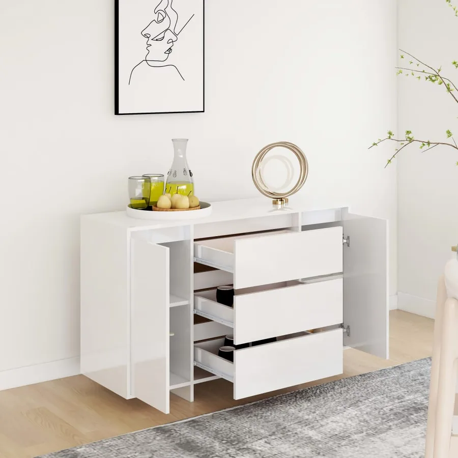 Buffet et 3 tiroirs Blanc brillant 120x41x75 cm Bois ingénierie - 4