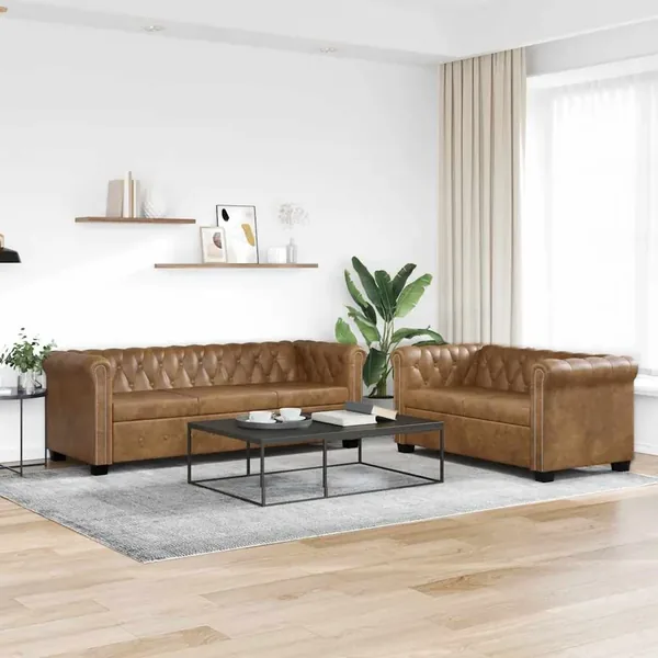 Ensemble de canapé Chesterfield à 2 et 3 places marron