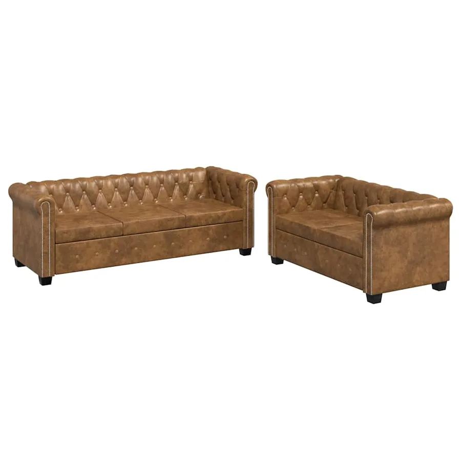 Ensemble de canapé Chesterfield à 2 et 3 places marron - 2