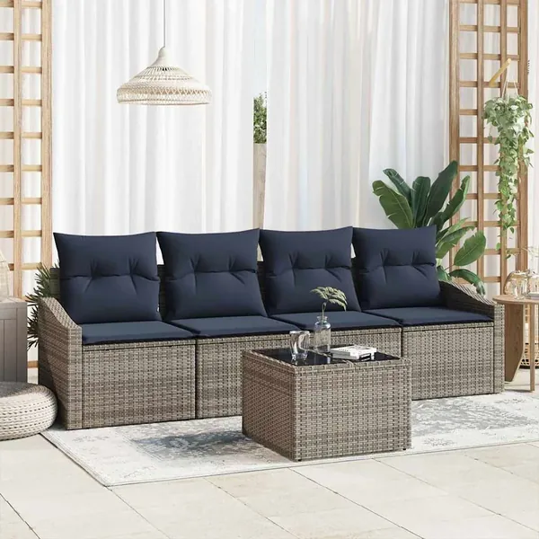 Ensemble de Canapés avec coussin 5 pcs Gris et marine polyrotin