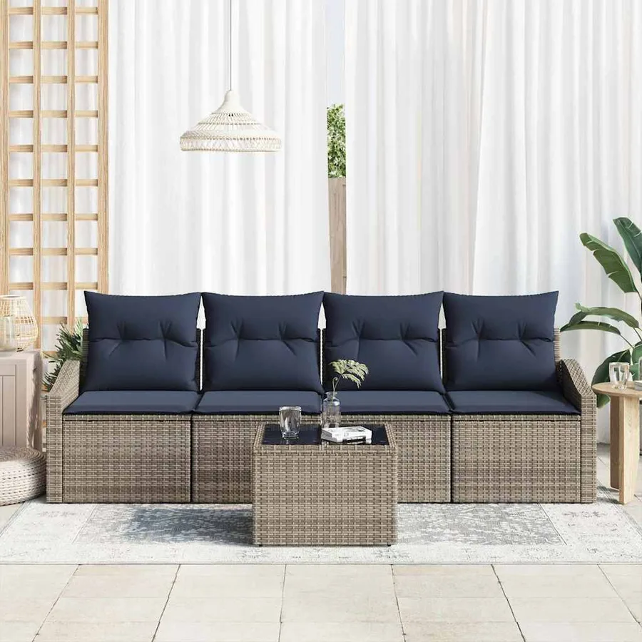 Ensemble de Canapés avec coussin 5 pcs Gris et marine polyrotin - 3