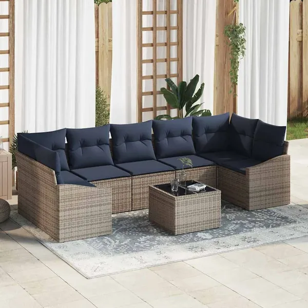 Ensemble de Canapés avec coussin 8 pcs Gris et marine polyrotin