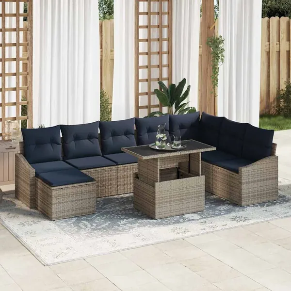 Ensemble de canapé de jardin avec coussin 9 pcs Gris et marine