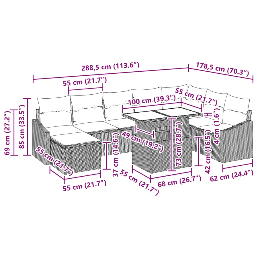 Ensemble de canapé de jardin avec coussin 9 pcs Gris et marine - 17
