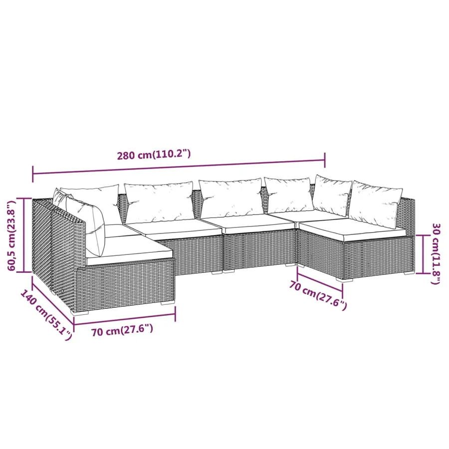 Salon de jardin 6 pcs avec coussins Résine tressée Noir - 7