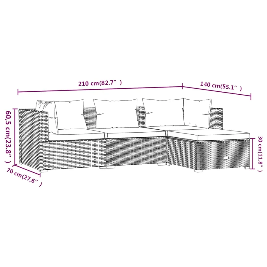 Salon de jardin 4 pcs avec coussins Résine tressée Noir - 6