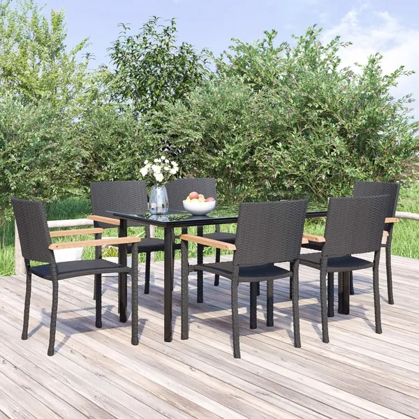 Ensemble à manger de jardin 7 pcs Noir Résine tressée
