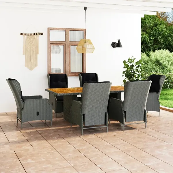 Ensemble à manger d'extérieur et coussins 7 pcs résine tressée