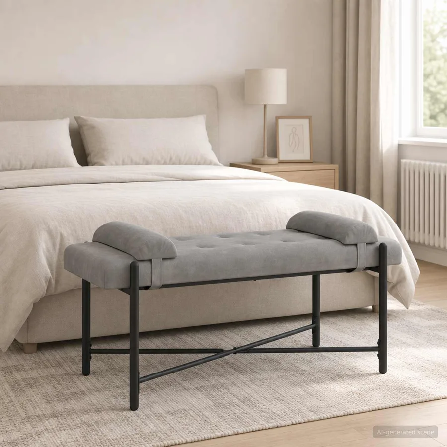Banc capitonné à boutons avec coussins Gris clair Velours - 3