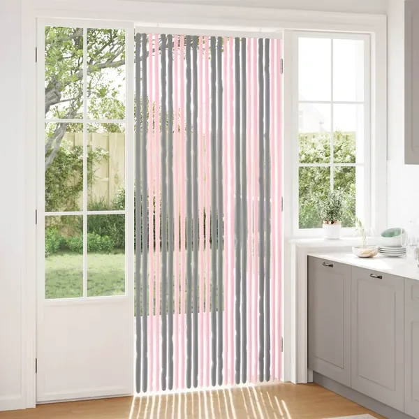 Rideau anti-insectes en chenille Gris Argent et Rose