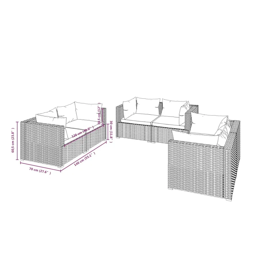 Salon de jardin 6 pcs avec coussins Résine tressée Gris - 5