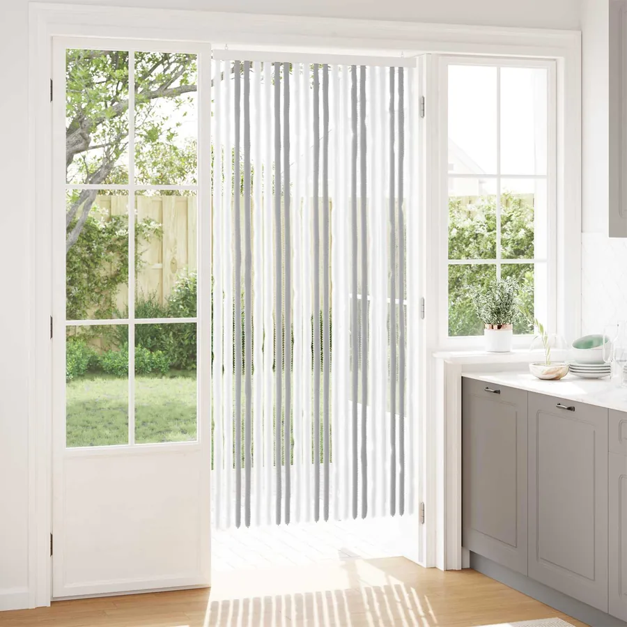 Rideau anti-insectes en chenille Gris clair et blanc