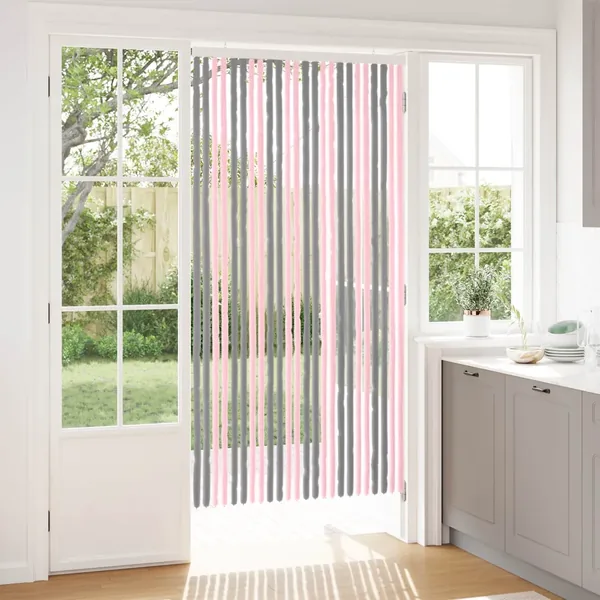 Rideau anti-insectes en chenille Gris Argent et Rose