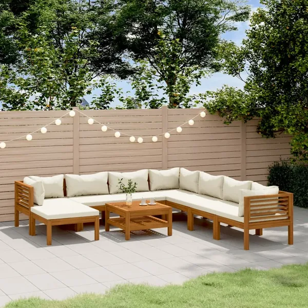Salon de jardin 9 pcs avec coussin crème Bois d'acacia solide