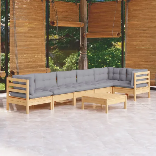 Salon de jardin 7 pcs avec coussins gris bois de pin