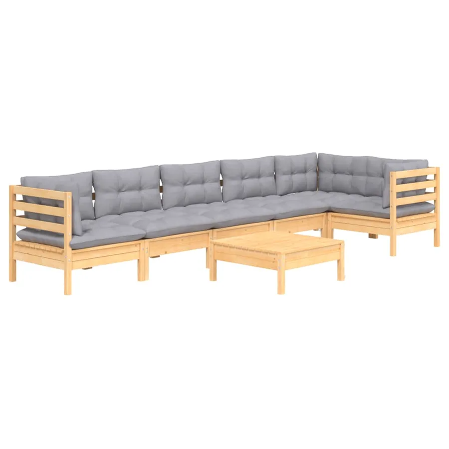 Salon de jardin 7 pcs avec coussins gris bois de pin - 3