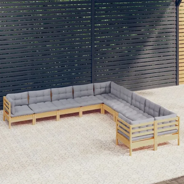 Salon de jardin 10 pcs avec coussins gris Bois de pin