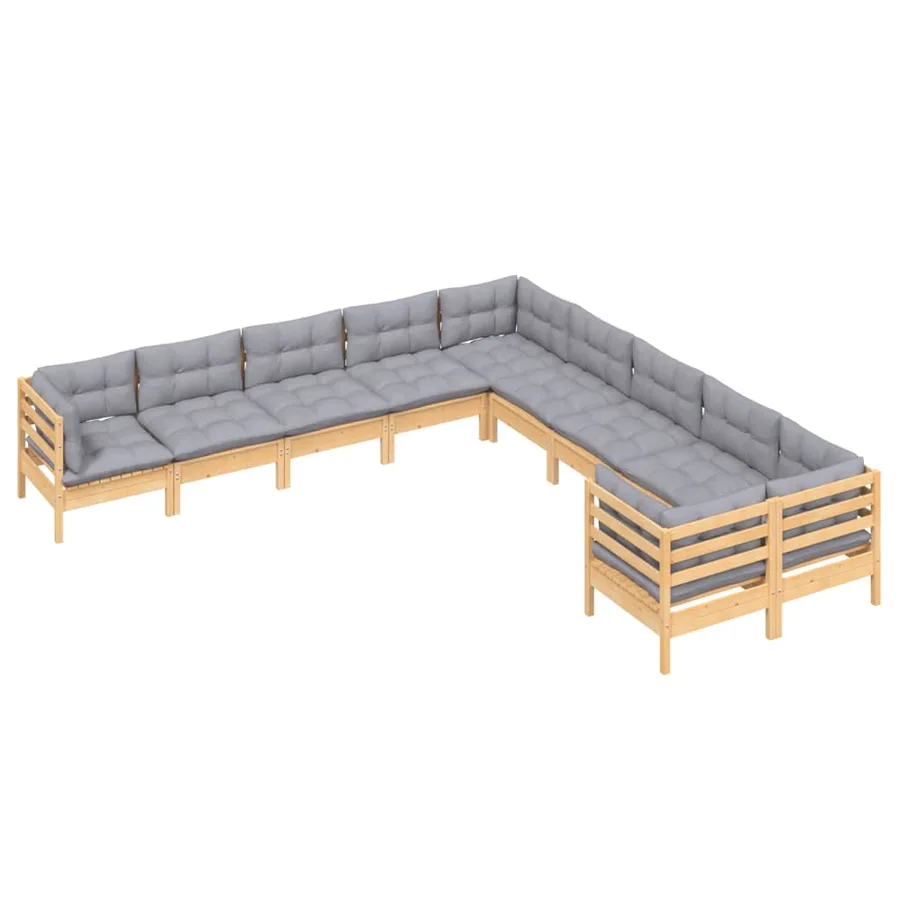 Salon de jardin 10 pcs avec coussins gris Bois de pin - 3