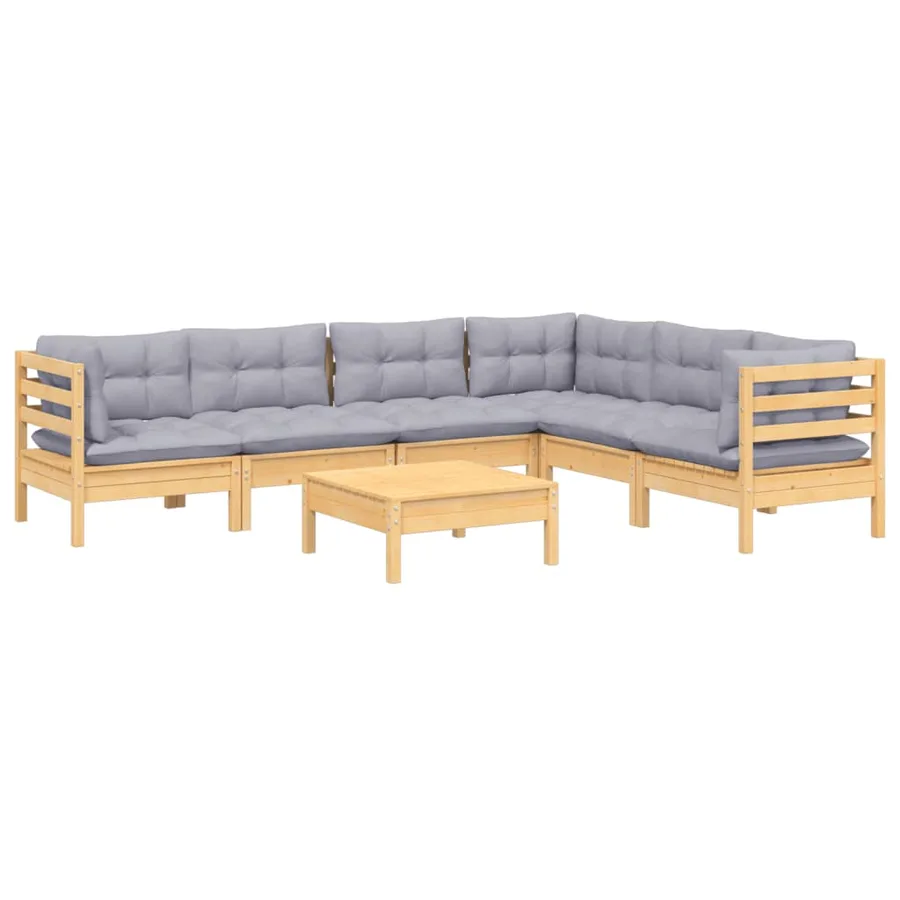 Salon de jardin 7 pcs avec coussins gris bois de pin massif - 3