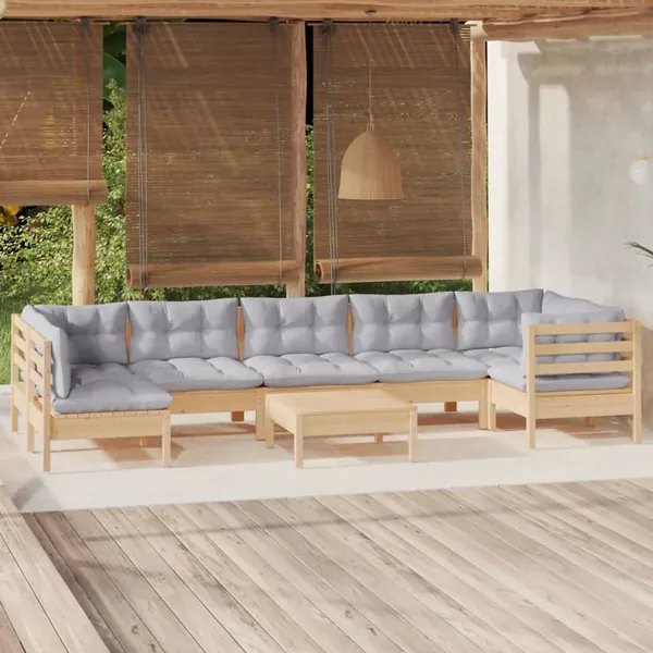 Salon de jardin 8 pcs avec coussins gris Bois de pin
