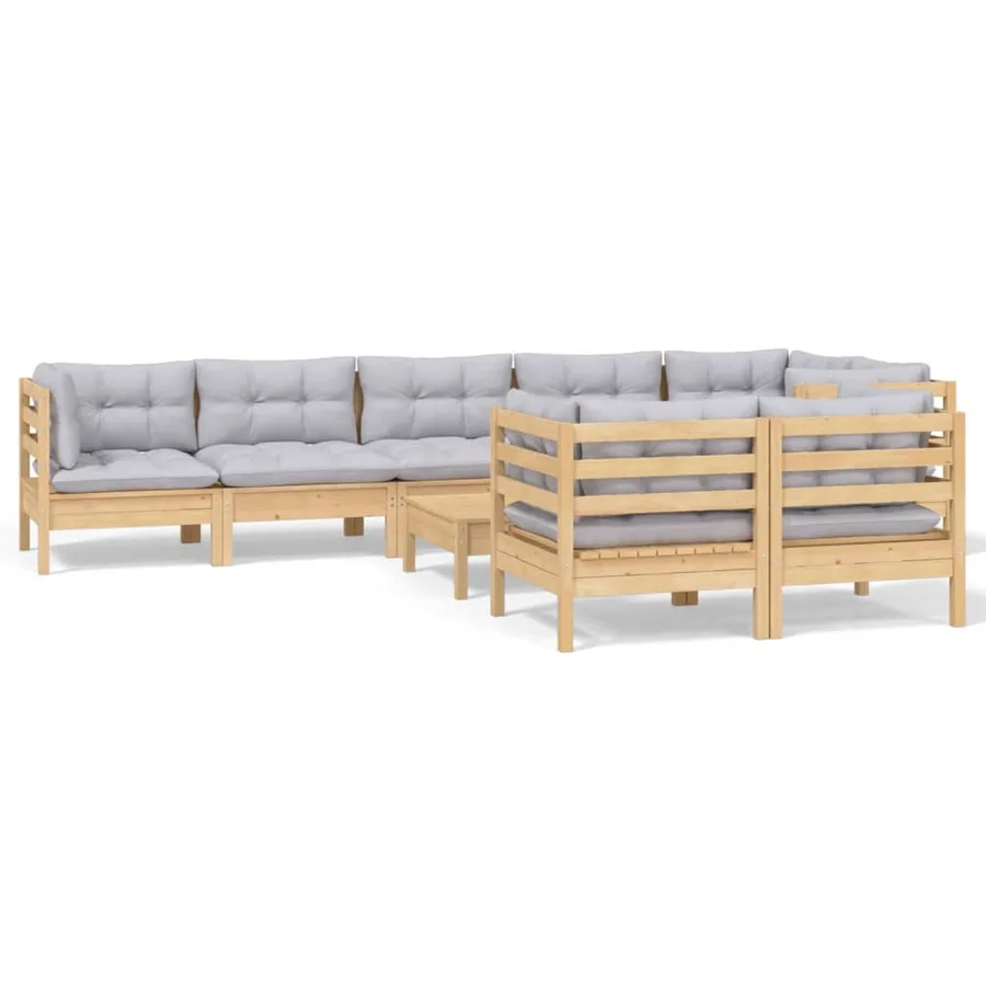 Salon de jardin 9 pcs avec coussins gris bois de pin massif - 2