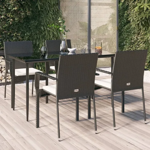 Ensemble à manger de jardin coussins 5pcs Noir Résine tressée