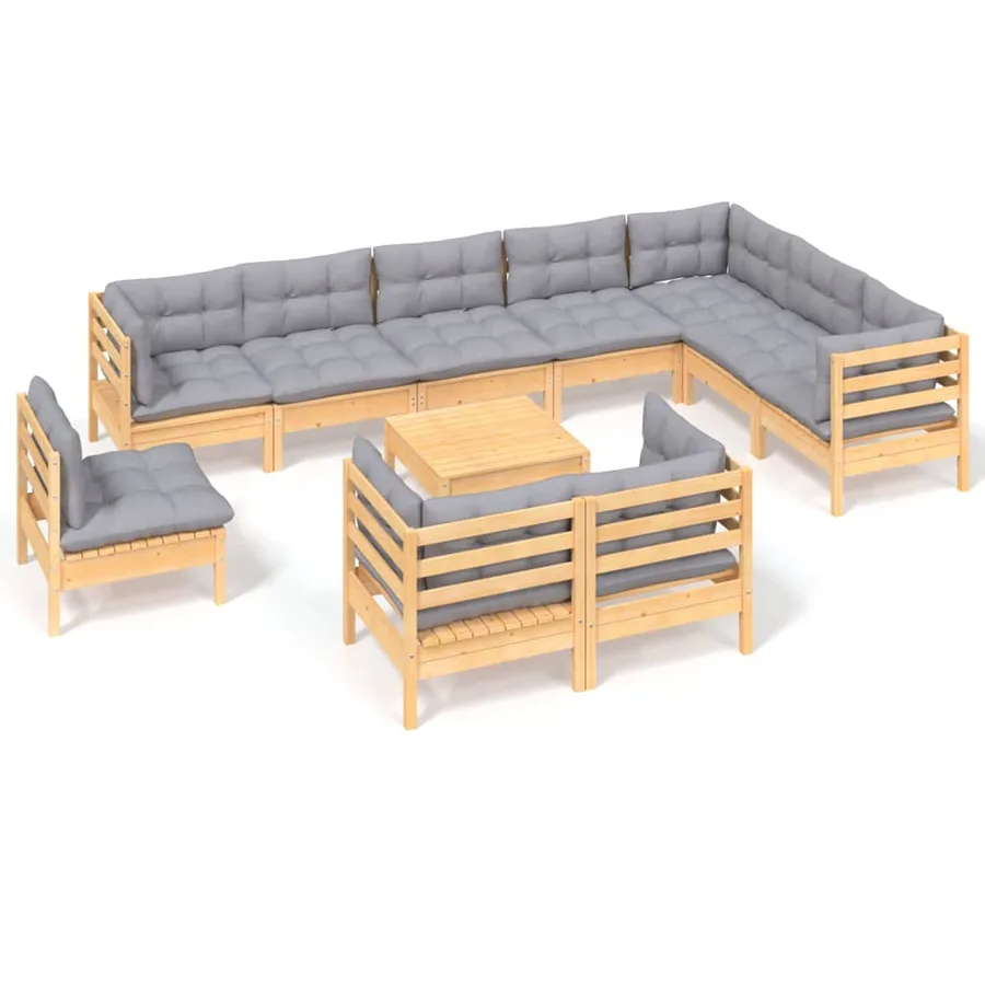 Salon de jardin 11 pcs avec coussins gris Bois de pin solide - 2