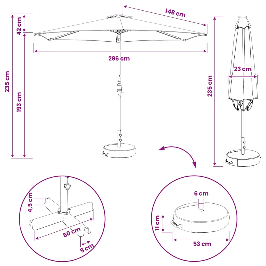 Parasol de jardin avec lumières LED et base 300 x 300 cm - 10