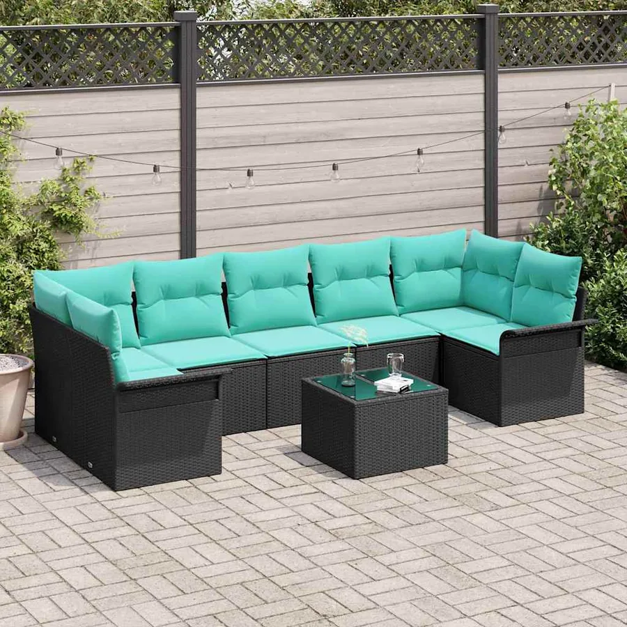 Ensemble de canapé de jardin 8 pcs Noir et turquoise polyrotin
