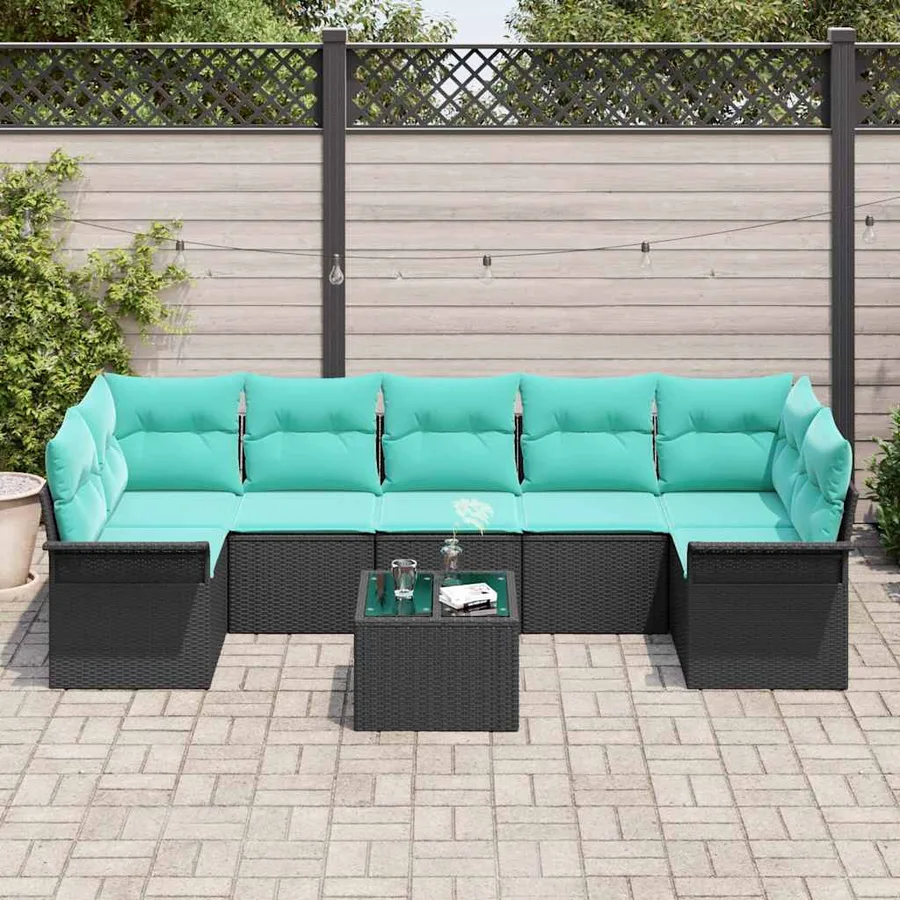 Ensemble de canapé de jardin 8 pcs Noir et turquoise polyrotin - 3