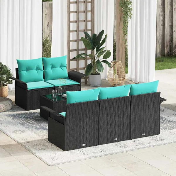 Ensemble de canapé de jardin 6 pcs Noir et turquoise polyrotin