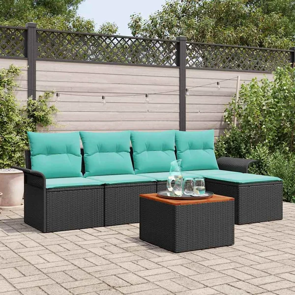 Ensemble de canapé de jardin 6 pcs Noir et turquoise polyrotin