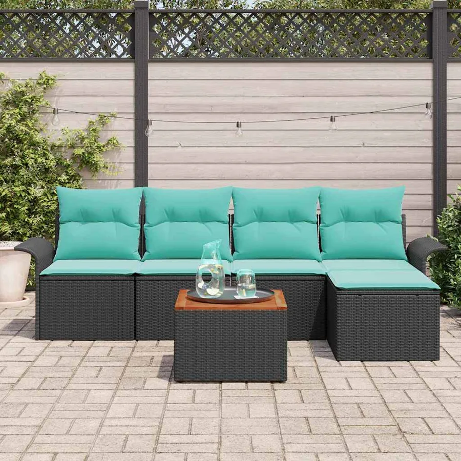 Ensemble de canapé de jardin 6 pcs Noir et turquoise polyrotin - 3
