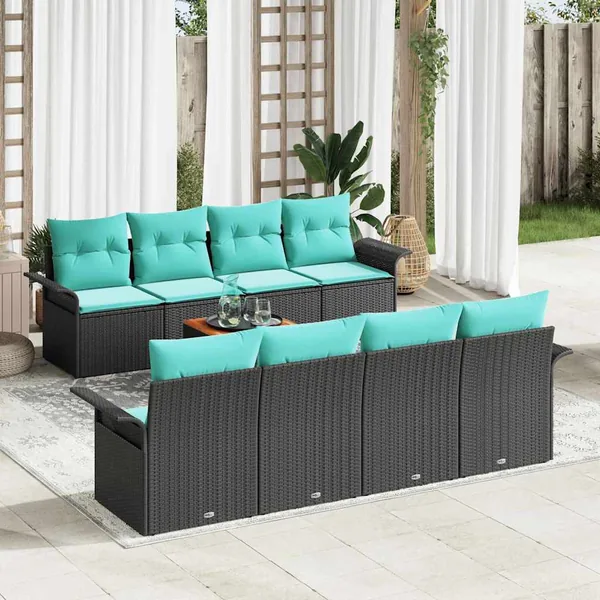 Ensemble de canapé de jardin 9 pcs Noir et turquoise polyrotin