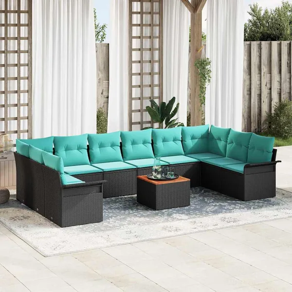 Ensemble de canapé de jardin 11 pcs Noir et turquoise polyrotin