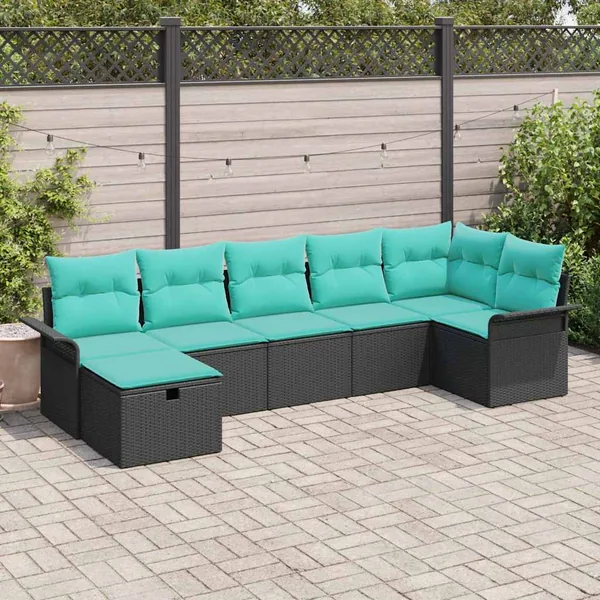 Ensemble de canapé de jardin 7 pcs Noir et turquoise polyrotin