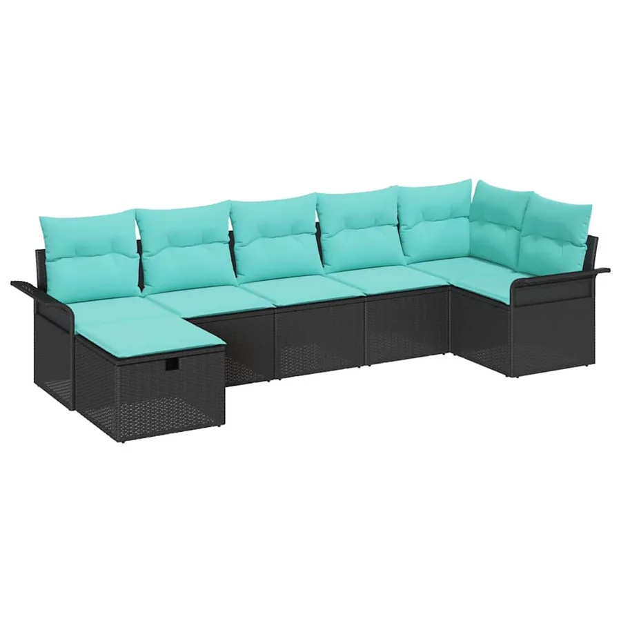 Ensemble de canapé de jardin 7 pcs Noir et turquoise polyrotin - 2