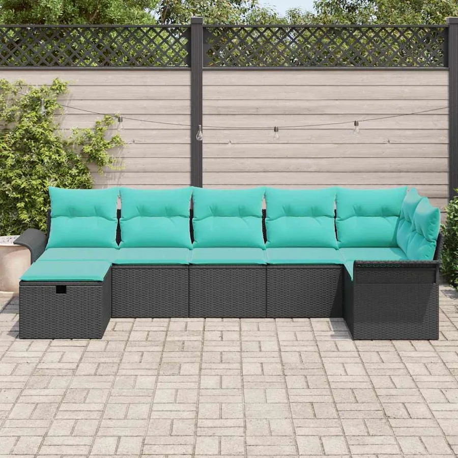 Ensemble de canapé de jardin 7 pcs Noir et turquoise polyrotin - 3