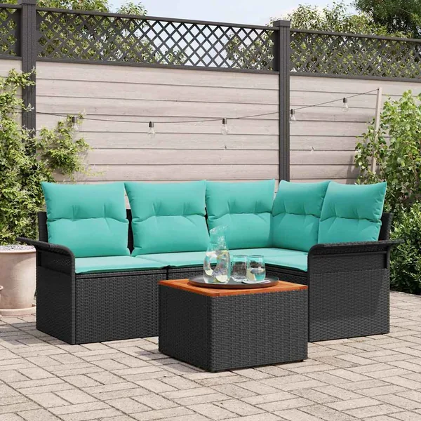 Ensemble de canapé de jardin 5 pcs Noir et turquoise polyrotin