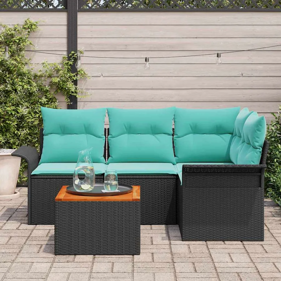 Ensemble de canapé de jardin 5 pcs Noir et turquoise polyrotin - 3