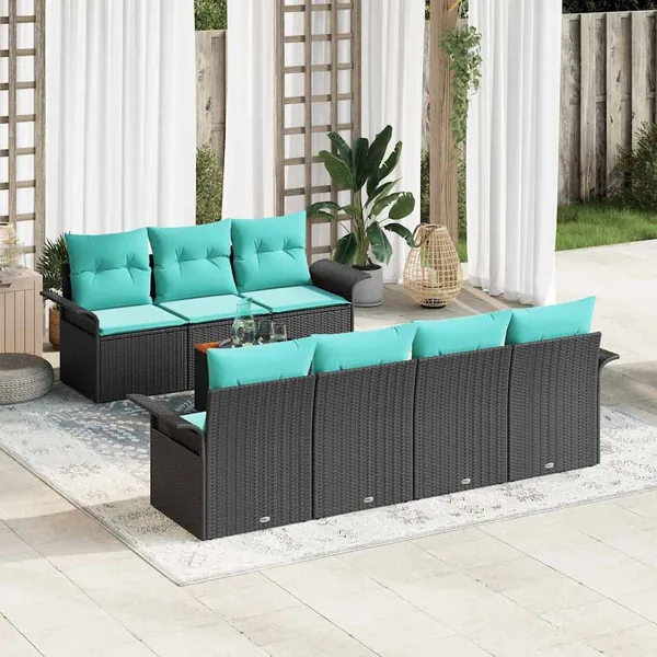 Ensemble de canapé de jardin 8 pcs Noir et turquoise polyrotin