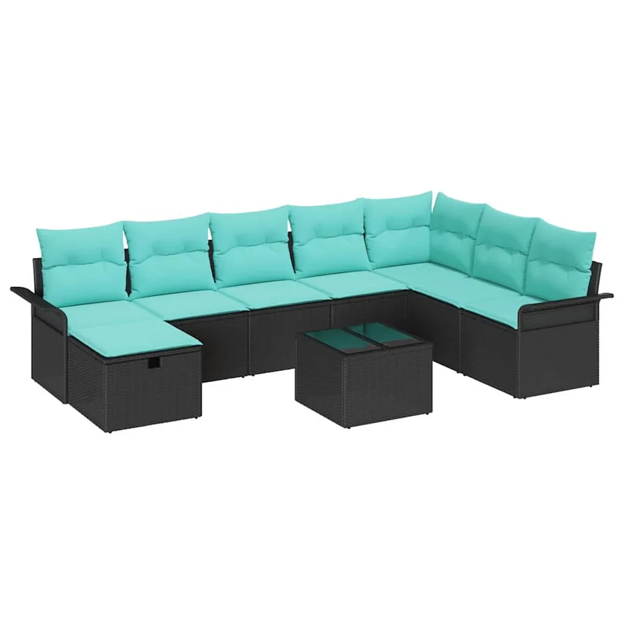 Ensemble de canapé de jardin 9 pcs Noir et turquoise polyrotin - 2