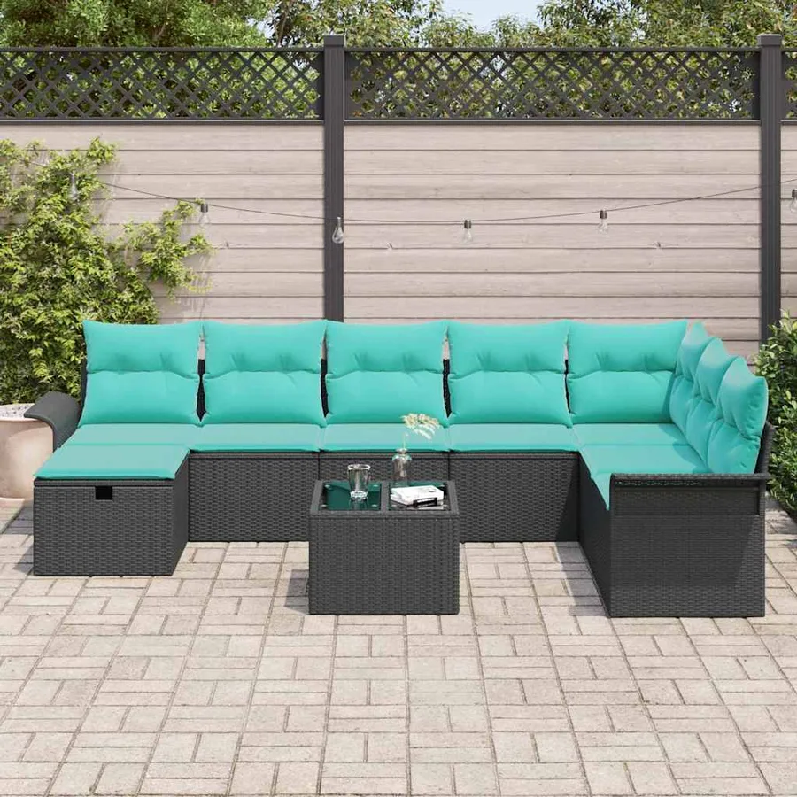 Ensemble de canapé de jardin 9 pcs Noir et turquoise polyrotin - 3