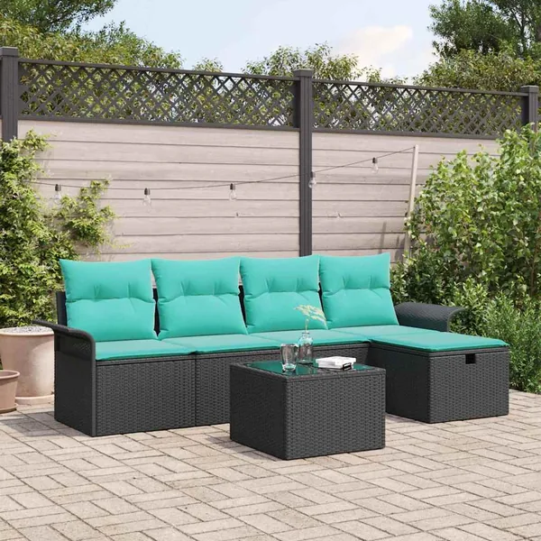 Ensemble de canapé de jardin 6 pcs Noir et turquoise polyrotin