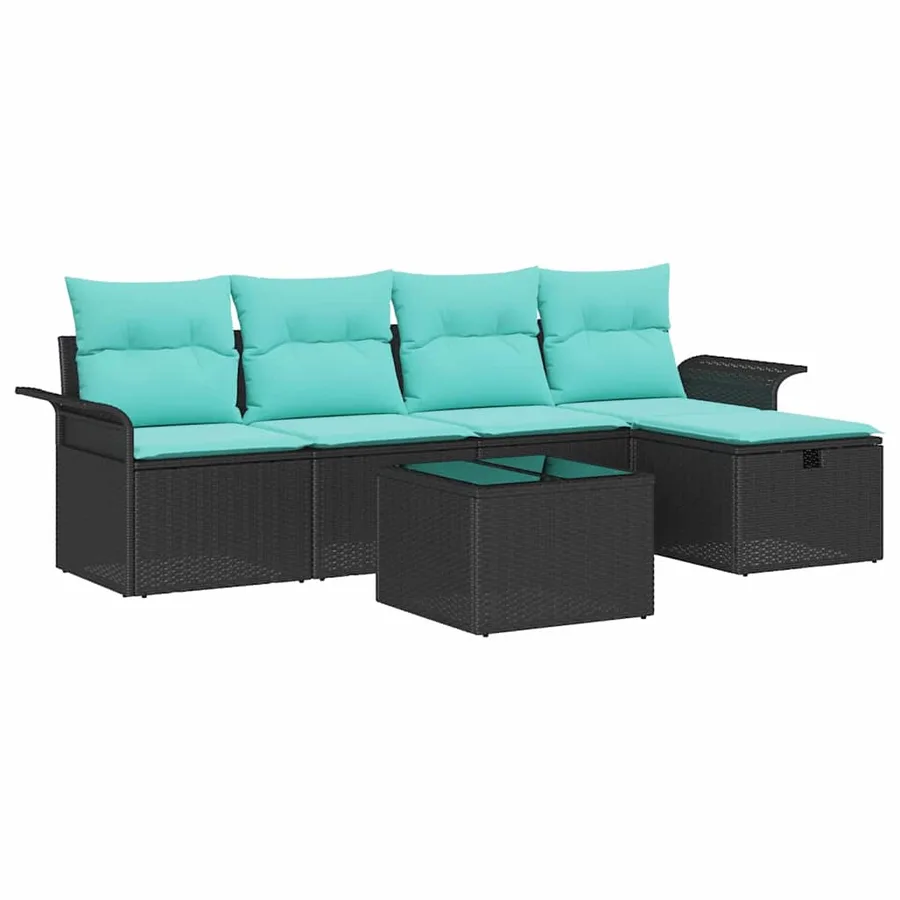 Ensemble de canapé de jardin 6 pcs Noir et turquoise polyrotin - 2