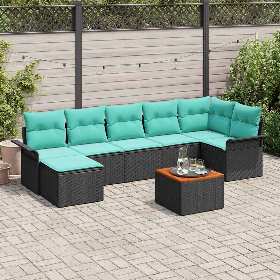 Ensemble de canapé de jardin 8 pcs Noir et turquoise polyrotin