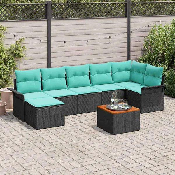 Ensemble de canapé de jardin 8 pcs Noir et turquoise polyrotin