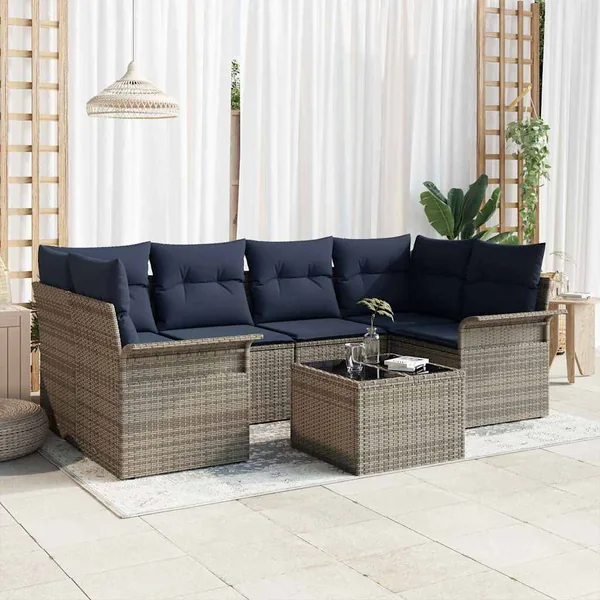 Ensemble de canapé de jardin 7 pcs Gris et marine polyrotin
